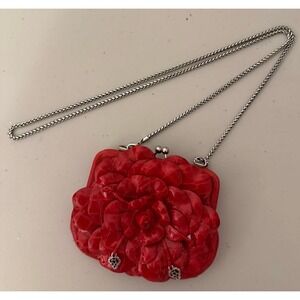 Brighton Rosalie 3D Leather Flower Mini Crossbody Kiss Lock Red Bag W/chain